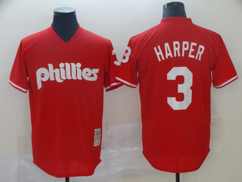 Men Philadelphia Phillies 3 Harper Red Throwback MLB Jersey